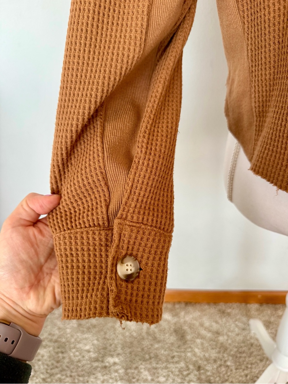 Waffle Knit Button-Up Shacket in Camel Color | M | EUC | Slightly Distressed - Picture 3 of 8